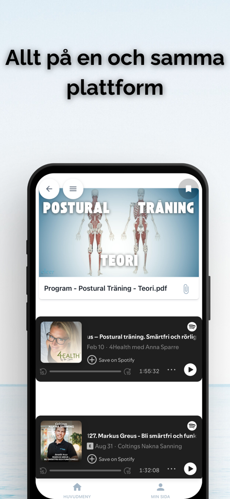 Cleer App - Mobile screen of the Cleer App showing postural training theory diagrams and health podcasts