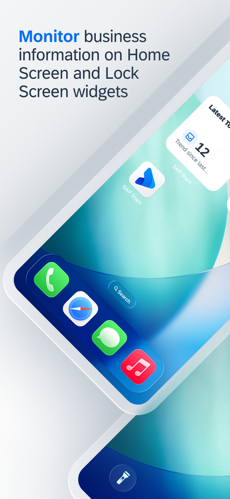 SAP Mobile Start home screen widgets displaying business information and tasks on a smartphone