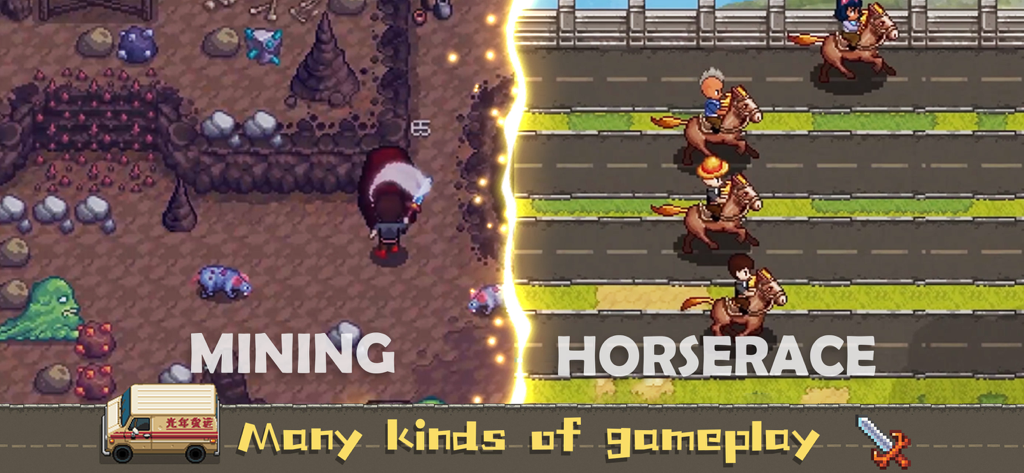 A split screen showing pixel art mining in a cave and a horse racing competition in Harvest Town.