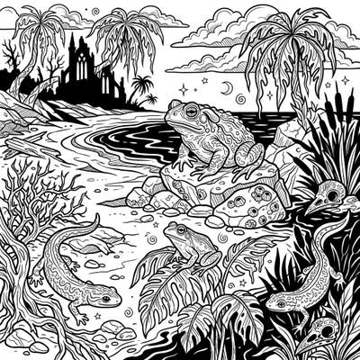 Discover a unique blend of nature and mystery with this captivating Gothic summer amphibian coloring page. Immerse yourself in a world where frogs and salamanders explore a darkly enchanting tropical landscape.