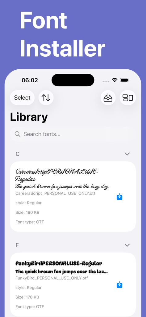 Install - Any Fonts - Mobile screen showing the Fonty app library with a list of custom fonts including previews and file metadata for font installation