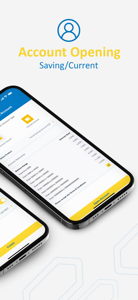 ABK-Egypt - The ABK-Egypt mobile app screen for opening new savings and current accounts showing interest rate tiers.