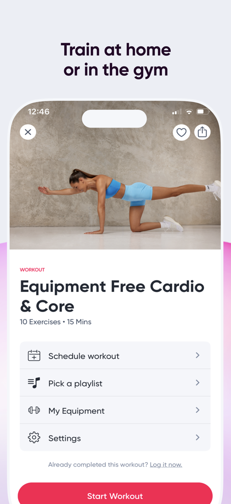 Sweat app screen showing an equipment free cardio and core workout with a woman exercising