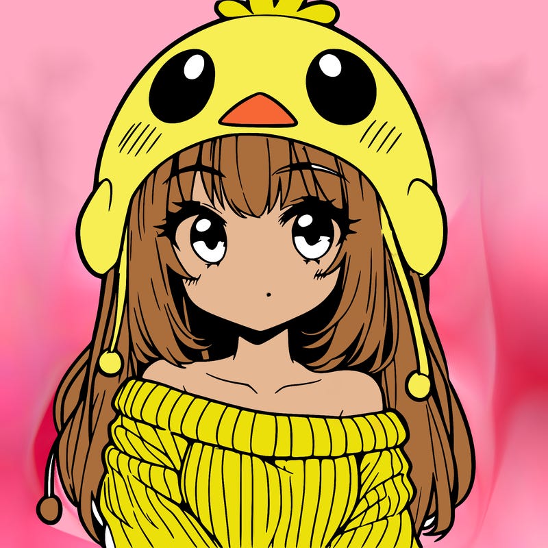 anime girl with chick shaped hat with sweater with bare shoulders with bangs covering them one eye with low tail