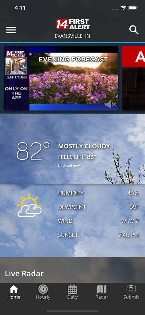 Interface of the 14FirstAlert Weather TriState app showing current conditions for Evansville Indiana