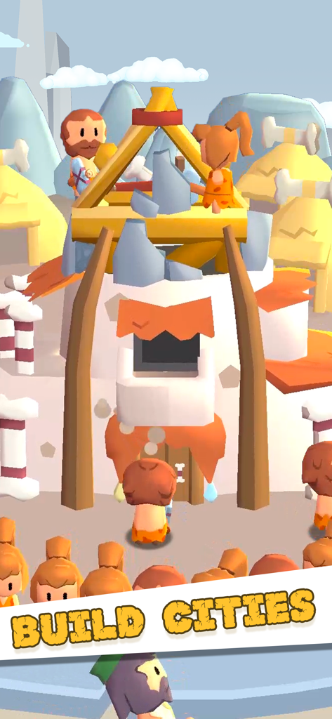 Idle Civilizations - Evolution - Cartoon cavemen characters constructing a stone building in a prehistoric setting with Build Cities text