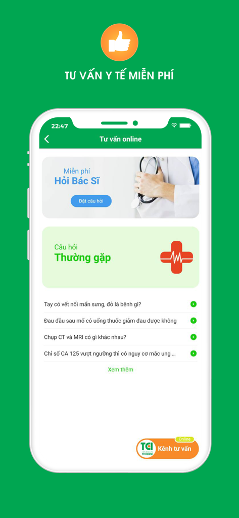 TCI - Hospital - A smartphone screen displaying the TCI Hospital app online consultation page with options to ask a doctor and read FAQs.