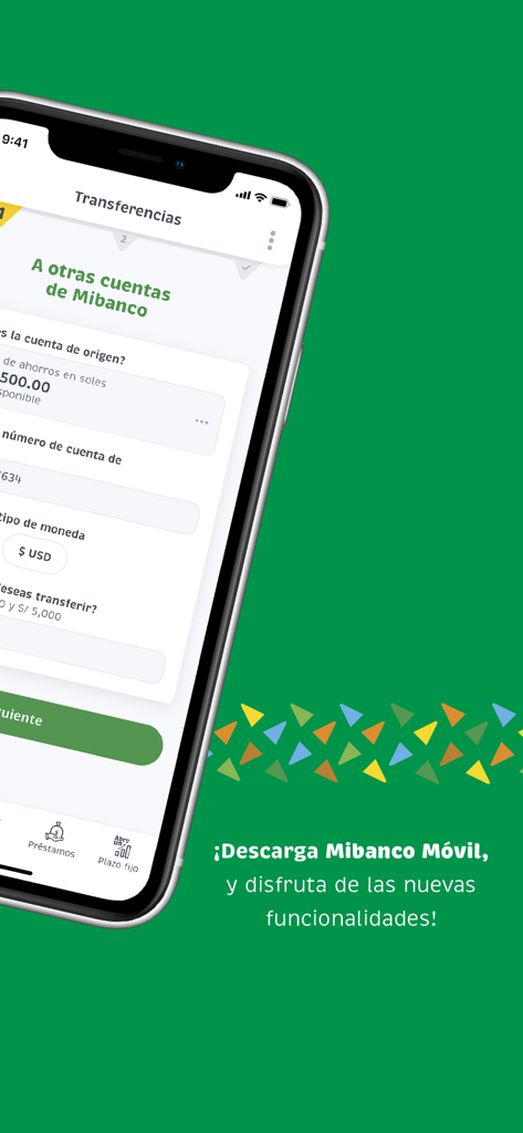 Interface of the Mibanco mobile app showing the screen to transfer money to other Mibanco accounts.