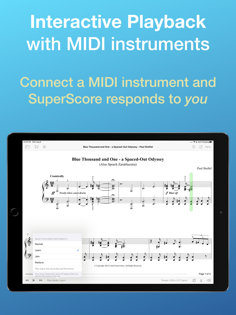 SuperScore Music - iPad showing SuperScore Music app with interactive MIDI playback mode selection and digital sheet music.