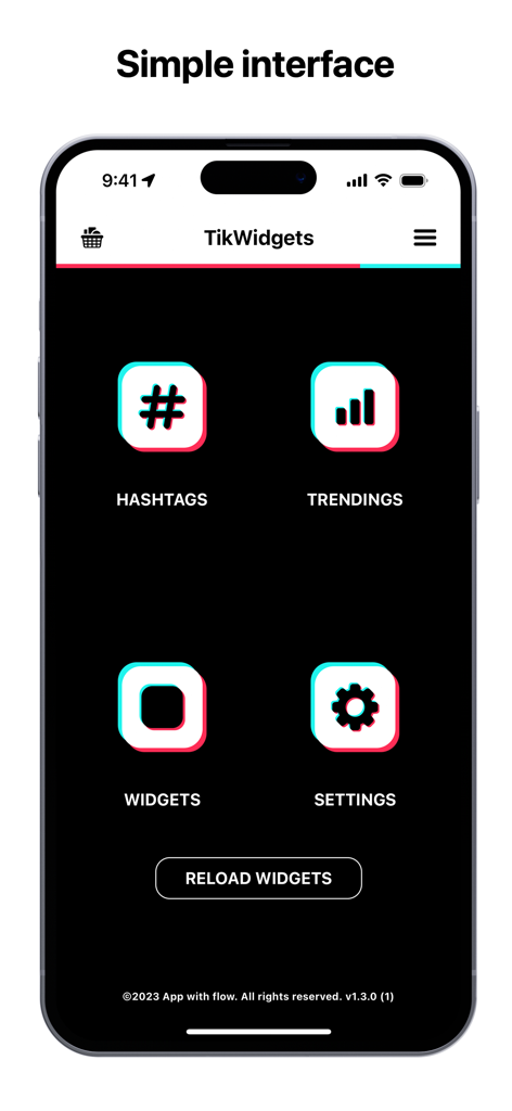 Main interface of TikWidgets app displaying menu icons for hashtags trendings widgets and settings