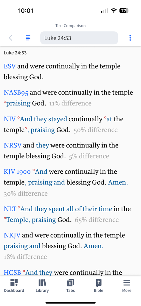 Verbum Catholic Bible Study - The text comparison feature in the Verbum Catholic Bible Study app showing different translations of Luke 24 53