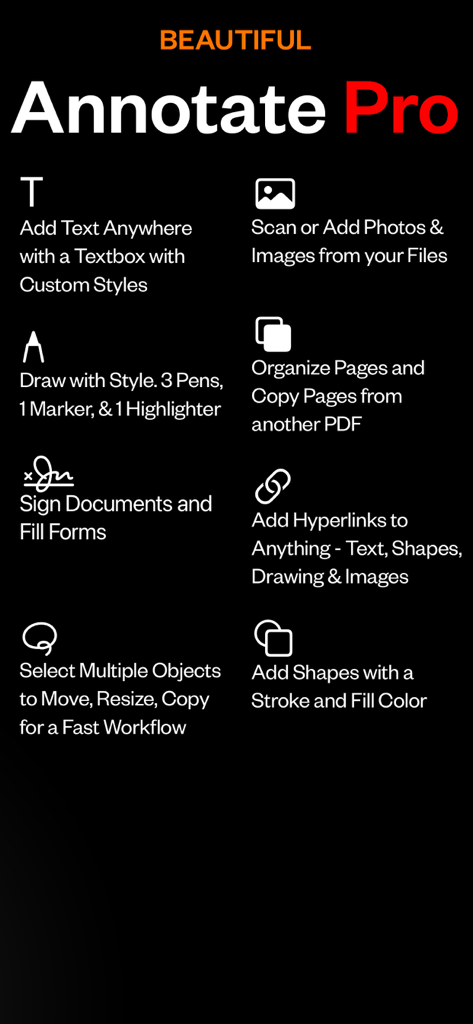 PDF Office Pro, Acrobat Expert - Liste der PDF-Anmerkungsfunktionen, einschließlich Textfelder, Zeichenwerkzeuge, Dokumentensignatur und Seitenorganisation