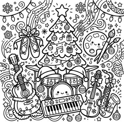 Immerse yourself in a festive world where Kawaii charm meets holiday cheer on this unique coloring page. Adorable musical instruments, ballet shoes, and art supplies are beautifully adorned with Christmas decorations, ready for your creative touch.