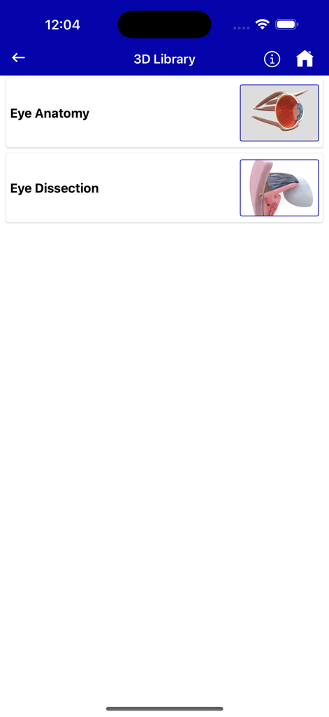 Eye Handbook - Eye Handbook app 3D library screen showing eye anatomy and dissection categories