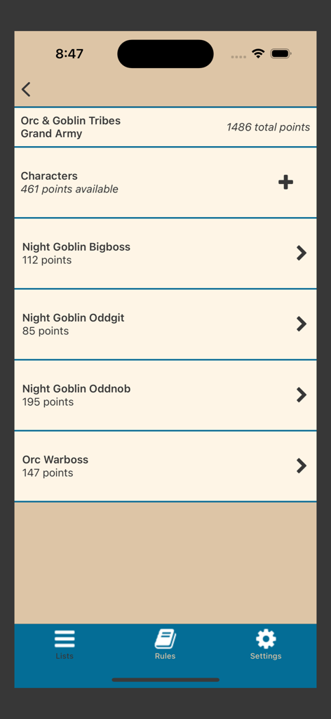 Army list building screen in the 2nd in Command app showing characters and points for an Orc and Goblin Tribes grand army.