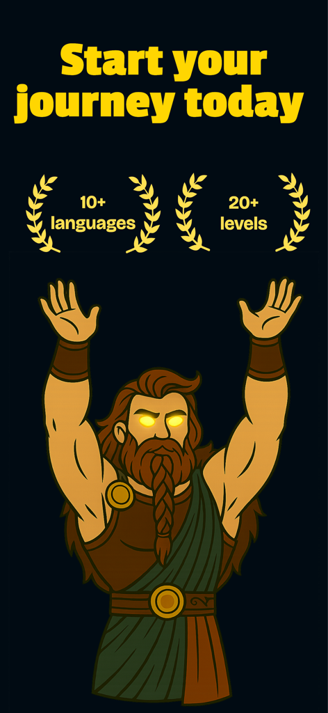 Bragi - Language Learning - Ilustración del personaje nórdico Bragi con los brazos levantados y el texto 'Comienza tu viaje hoy con más de 10 idiomas y más de 20 niveles'.