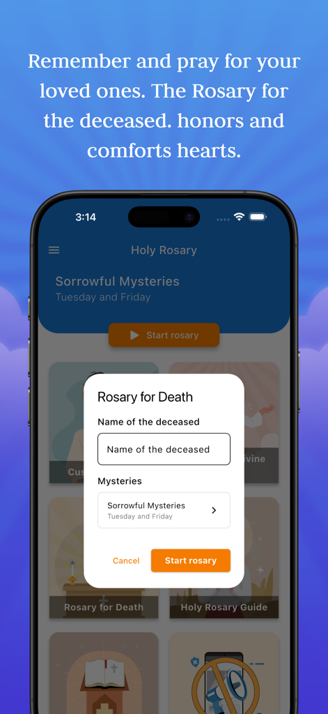 Smartphone screen showing the Rosary for Death feature in the Holy Rosary app with a name input field.