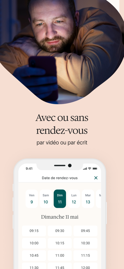 MedecinDirect | Consultez 24/7 - Interface de l'application MedecinDirect pour la réservation de consultations médicales par vidéo ou par SMS avec un calendrier