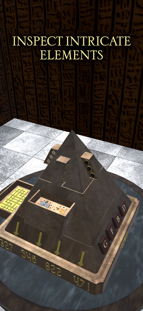 Un puzle mecánico piramidal 3D con fondo de jeroglíficos en Mystery Box 5 Elements