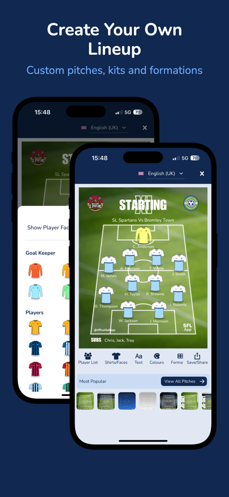 SFL Soccer - SFL Soccer Mobile App-Oberfläche, die einen professionellen Aufstellungsplaner für die Startelf mit benutzerdefinierten Trikots und Fußballplatzgrafiken zeigt.