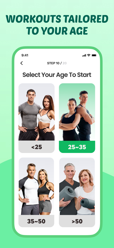Stretch+Flexibility~Bend Flex - Pantalla de la aplicación móvil que muestra opciones de selección de edad para estiramientos personalizados y entrenamientos de flexibilidad