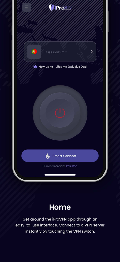 iProVPN mobile app home screen with Smart Connect button and simple interface