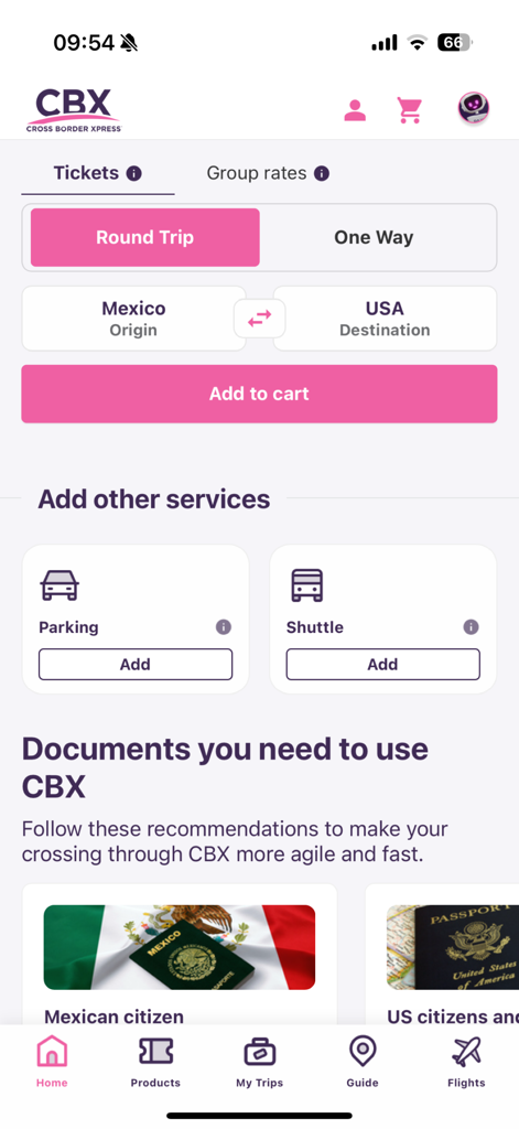 Cross Border Xpress - Pantalla de la aplicación Cross Border Xpress para reservar boletos y servicios de viaje adicionales como estacionamiento
