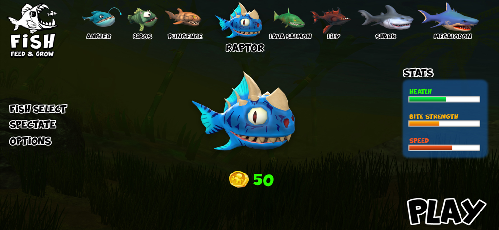 3D Fish Feeding and Grow - Character selection menu in 3D Fish Feeding and Grow game showing different fish types like Raptor and Shark with their respective stats