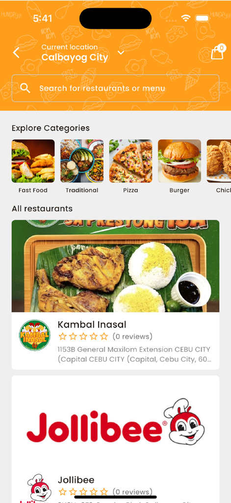 Nom Nom Delivery - Nom Nom Delivery app home screen with food categories and restaurant listings.