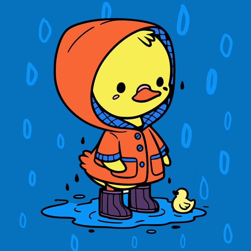 baby duck in a rain coat and boots, in a puddle while it’s raining