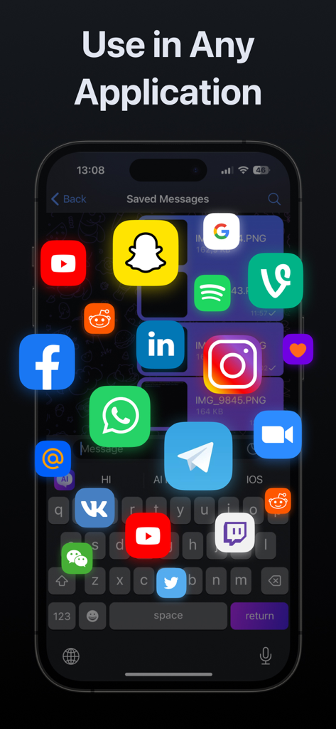 AI Keyboard, Writing Assistant - Interface du clavier IA montrant la compatibilité universelle avec les applications de médias sociaux et de messagerie professionnelle