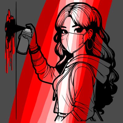 realistic girl with mask spray painting a wall