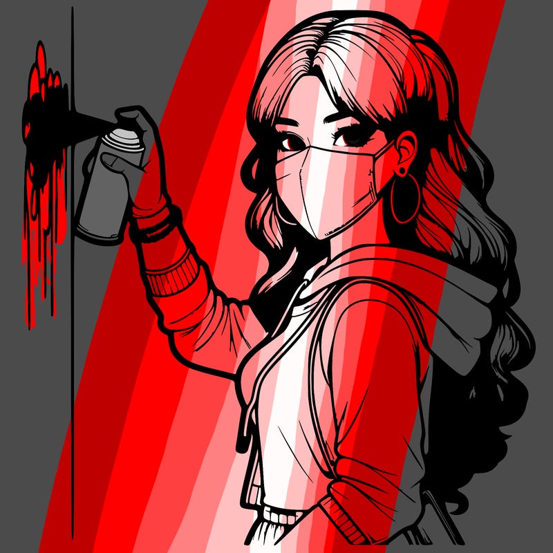 realistic girl with mask spray painting a wall