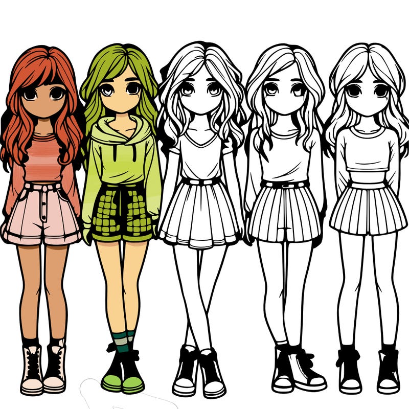 group of 6 realistic girls in a row