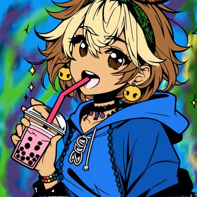 hot baddie anime girl drinking boba and biting the straw