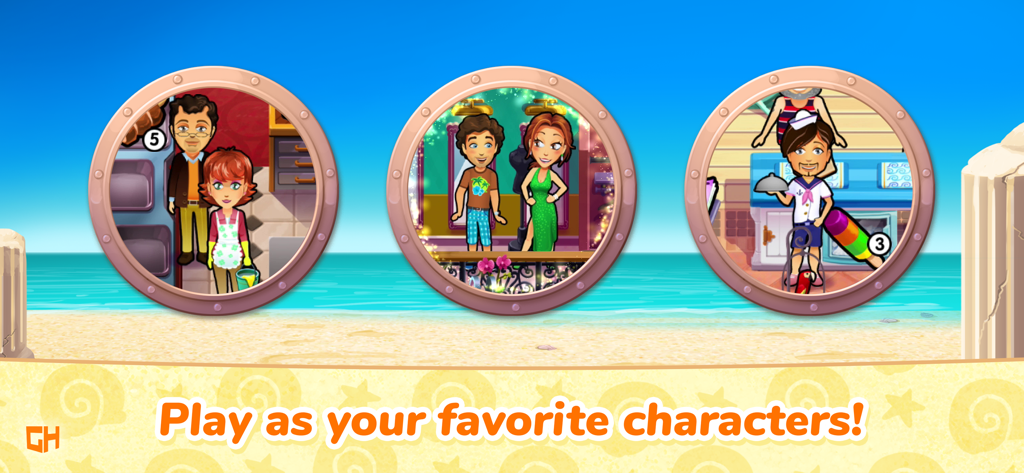 Delicious - Honeymoon Cruise - Screenshot of Delicious Honeymoon Cruise showing various game characters in porthole windows against a tropical beach background