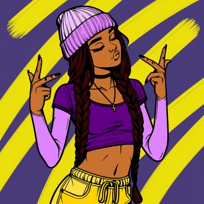 realistic teenage girl with braids and a beanie and crop top doing 🫶🏼