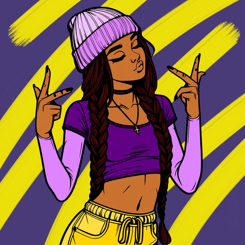realistic teenage girl with braids and a beanie and crop top doing 🫶🏼