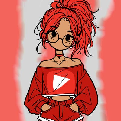 girl with a messy ponytail glasses a baggy crop top and jean shorts