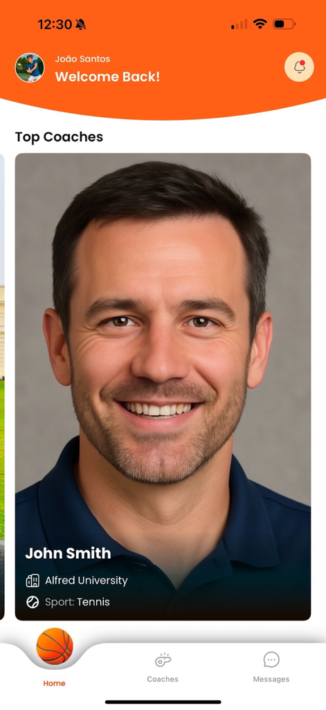 Sportex Athletics App-Startbildschirm, der ein College-Trainerprofil für die Rekrutierung anzeigt