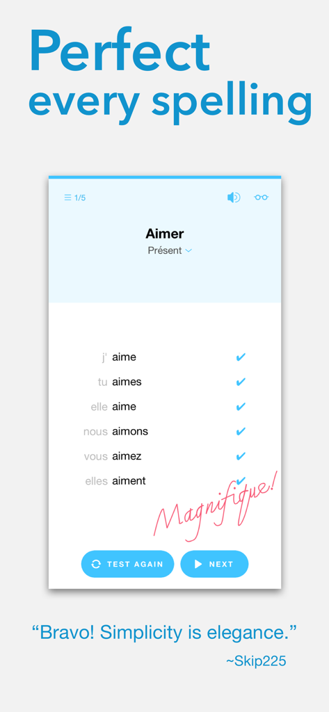 Conjuu - French Full Edition - A screen from the Conjuu app showing a completed conjugation test for the French verb aimer in present tense with correct answers checked.