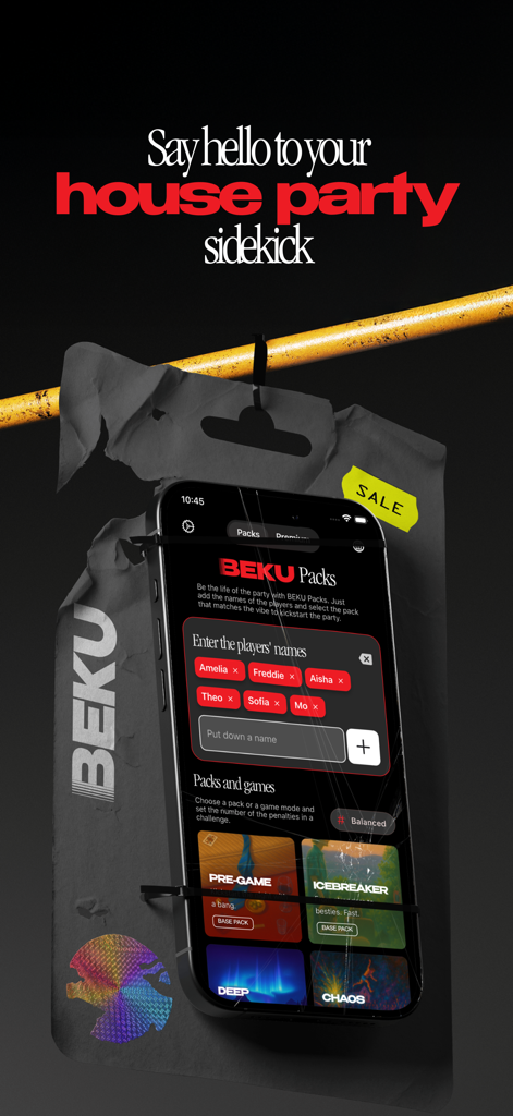 BEKU: house party game - Interfaccia del gioco per feste BEKU con nomi dei giocatori e selezione della modalità di gioco