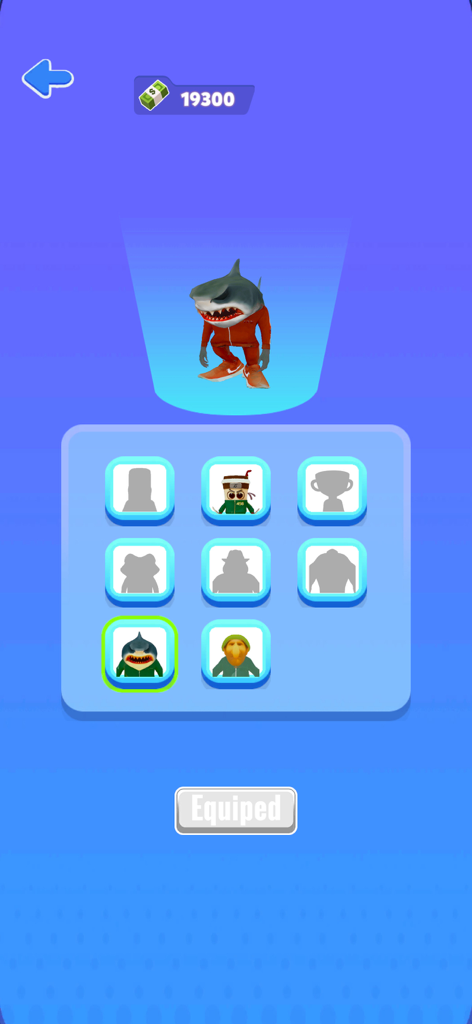 Brainrot 456 Jump Rope - Character selection screen in Brainrot 456 Jump Rope showing a shark skin in an orange tracksuit.