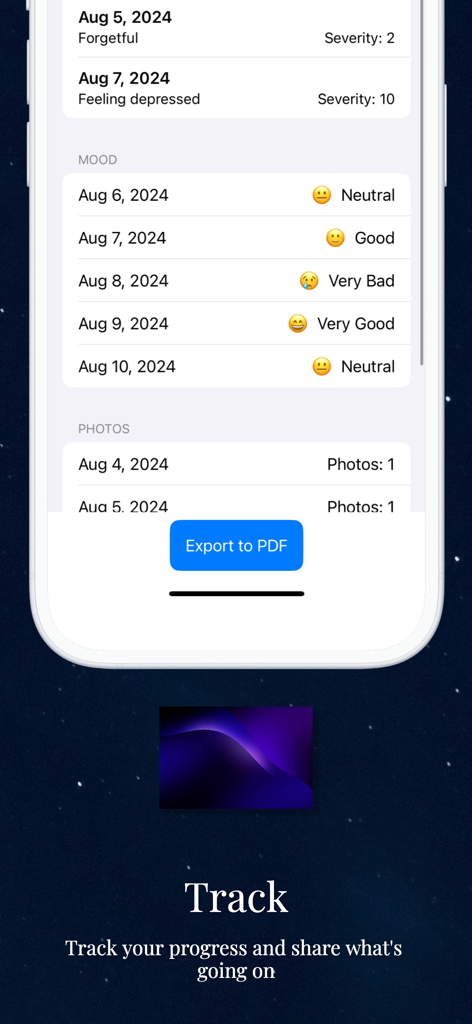 Interface do aplicativo Hormone Helper mostrando registros de humor, rastreamento de sintomas e um botão de exportação em PDF