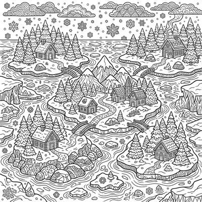 Immerse yourself in a beautifully detailed winter island scene, perfect for adults seeking a relaxing and intricate coloring experience. Discover charming cabins nestled among snow-covered pines and icy rivers.