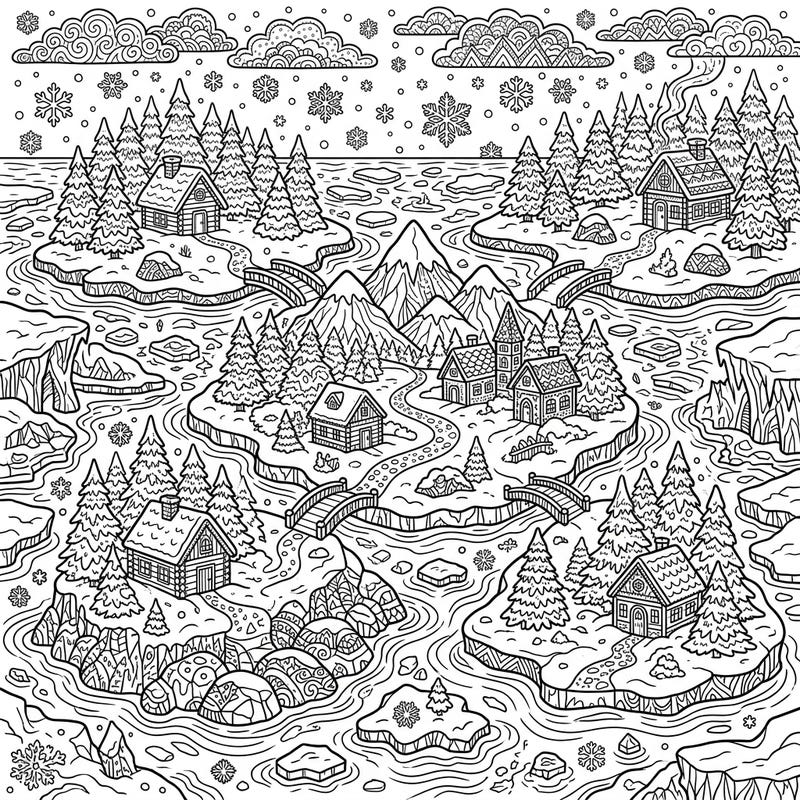 Immerse yourself in a beautifully detailed winter island scene, perfect for adults seeking a relaxing and intricate coloring experience. Discover charming cabins nestled among snow-covered pines and icy rivers.