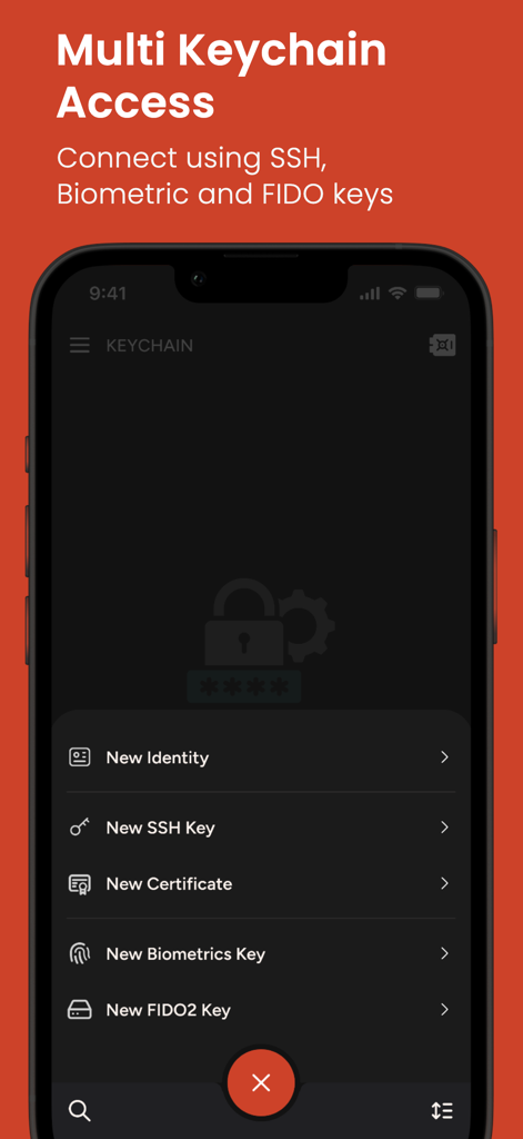 Terminal - SFTP & SSH Client - Multi keychain access screen in the SSH terminal app for managing keys and biometrics