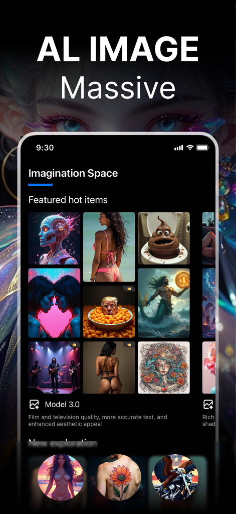 Creative AI mobile app interface showing a gallery of diverse AI generated images