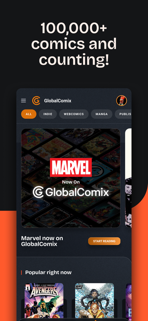 GlobalComix App-Startbildschirm mit Marvel-Comics-Bibliothek und beliebten Indie-Titeln.