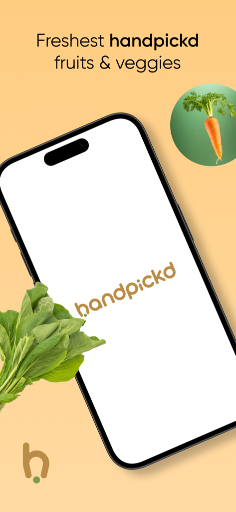 Handpickd: Fruits & Veggies - Handpickd mobile app splash screen featuring fresh leafy greens and a carrot with the text Freshest handpickd fruits and veggies.